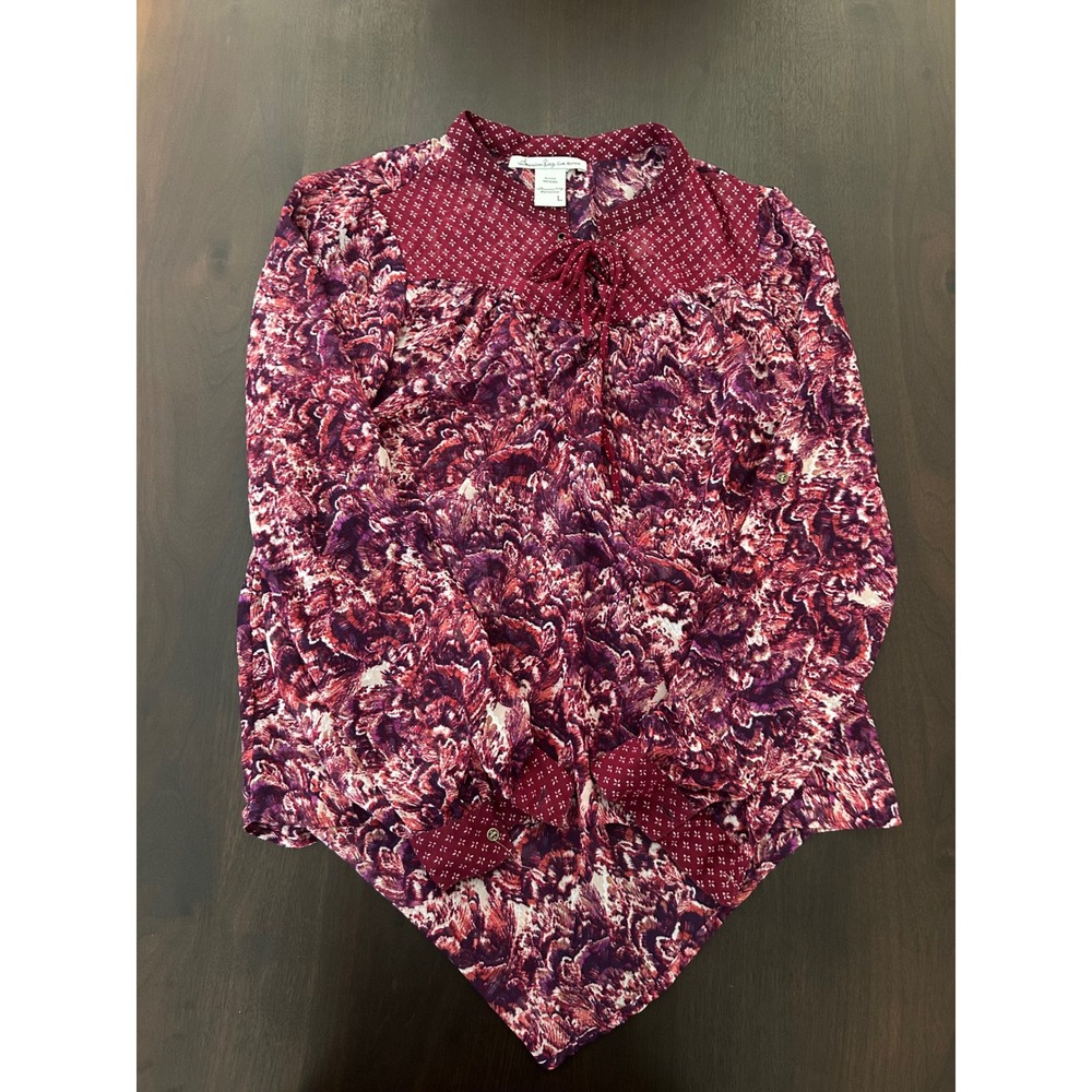 American Rag Cie Entrepot Burgundy Floral Lace Up Sheer Peasant Blouse Large